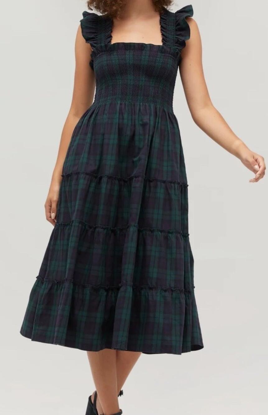 Hill House Home The Ellie Nap Dress Blackwatch Tartan Plaid Poplin Size XS Green